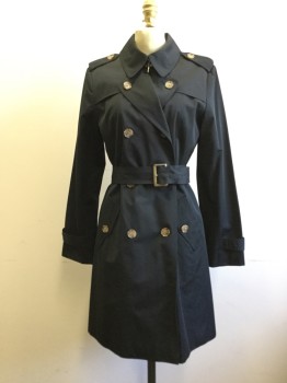 Womens, Coat, Trenchcoat, N/L, Black, Polyester, Solid, S/M, Double Breasted, Collar Attached, Epaulets, Caped Front and Back, 2 Pockets, Button Tab Cuffs, Self Belt with Tortoise Shell Buckle, Belt Loops