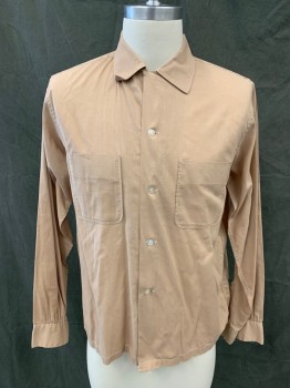 Mens, Shirt, N/L, Lt Brown, Cotton, Synthetic, Solid, 14/32, Button Front, Collar Attached, Long Sleeves, Button Cuff, 2 Pockets.
