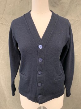 Childrens, Sweater, SCHOOL APPAREL, Navy Blue, Acrylic, Solid, S, Cardigan, Button Front, 2 Pockets, Long Sleeves, Ribbed Knit Waistband/Cuff/Pocket Trim