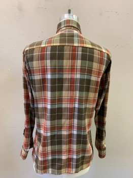 SKALLS, Brick Red, Tan Brown, Dk Olive Grn, Brown, Cotton, Plaid, Button Front, Collar Attached, Long Sleeves, Button Cuff, 1 Pocket