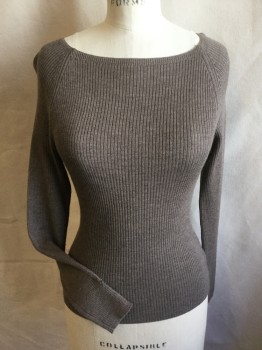 Womens, Pullover, DKNY, Brown, Wool, Heathered, S, Ribbed Knit, Smaller Ribbed Wide Neck, Raglan Long Sleeves,