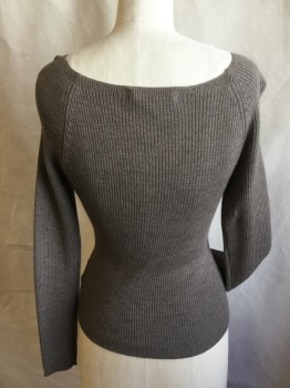 Womens, Pullover, DKNY, Brown, Wool, Heathered, S, Ribbed Knit, Smaller Ribbed Wide Neck, Raglan Long Sleeves,