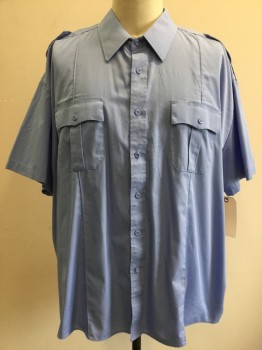 LAW PRO, Powder Blue, Polyester, Solid, Police, Short Long Sleeves, Collar Attached, Button Down Epaulets, 2 Pockets, Button Front, 5 Sew-down Crease