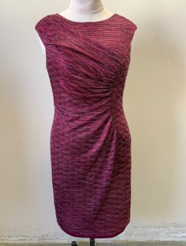 DAVID MEISTER, Magenta Pink, Cranberry Red, Black, Lt Pink, Polyester, Speckled, Stripes - Horizontal , Knit, Sleeveless, Wide Round Neck, Knee Length, Ruched Detail Along Front Seam, Invisible Zipper in Back