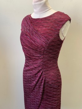 DAVID MEISTER, Magenta Pink, Cranberry Red, Black, Lt Pink, Polyester, Speckled, Stripes - Horizontal , Knit, Sleeveless, Wide Round Neck, Knee Length, Ruched Detail Along Front Seam, Invisible Zipper in Back