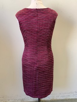 Womens, Dress, Sleeveless, DAVID MEISTER, Magenta Pink, Cranberry Red, Black, Lt Pink, Polyester, Speckled, Stripes - Horizontal , B36, Sz.10, W30, Knit, Sleeveless, Wide Round Neck, Knee Length, Ruched Detail Along Front Seam, Invisible Zipper in Back