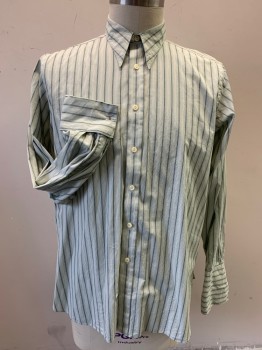 Mens, Shirt, DARCY, Mint Green, Dusty Green, Cream, Cotton, Stripes - Vertical , 16/34, Long Sleeves, Collar Attached, Button Front, Long Collar Points, French Cuffs,