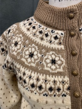 ABERCROMBIE & FITCH, Cream, Lt Brown, Black, Wool, Fair Isle, Dots, Cardigan, Bronze Button Front, Ribbed Knit High Neck, Ribbed Knit Cuff, Solid Light Brown Trim * Some Stains*