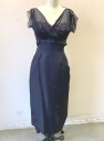 DON LOPER, Midnight Blue, Beige, Silk, Solid, Early 1960's Sheer Chiffon Wrapped V-neck and Cap Sleeves Over Beige Bandeau with Navy Lace, Empire Waist, Bottom is Form Fitting Sheath, Below Knee Length, Self Bows at Shoulders,**Tear at Shoulder Chiffon, and Tear at Center Back Hem Under Vent