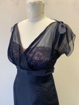 Womens, Cocktail Dress, DON LOPER, Midnight Blue, Beige, Silk, Solid, W:27, B:34, H:38, Early 1960's Sheer Chiffon Wrapped V-neck and Cap Sleeves Over Beige Bandeau with Navy Lace, Empire Waist, Bottom is Form Fitting Sheath, Below Knee Length, Self Bows at Shoulders,**Tear at Shoulder Chiffon, and Tear at Center Back Hem Under Vent