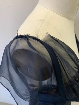 DON LOPER, Midnight Blue, Beige, Silk, Solid, Early 1960's Sheer Chiffon Wrapped V-neck and Cap Sleeves Over Beige Bandeau with Navy Lace, Empire Waist, Bottom is Form Fitting Sheath, Below Knee Length, Self Bows at Shoulders,**Tear at Shoulder Chiffon, and Tear at Center Back Hem Under Vent