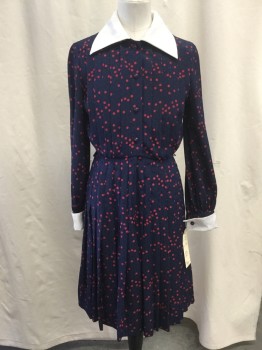 MAGGY, Navy Blue, Red, Polyester, Polka Dots, White Collar & Cuffs, Button Front Placket, Zip Front, Pleated Detail, Drop Pleated Skirt, Long Sleeves,