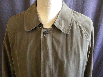 Mens, Coat, Trenchcoat, BROOKS BROTHERS, Brown, Synthetic, Solid, 48, Brown with Olive Tint, Single Breasted, Hidden Placket, Raglan Long Sleeves, Collar Attached, 2 Pockets, Button Tab Cuffs