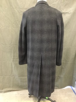 Mens, Coat, N/L, Black, Charcoal Gray, Wool, Grid , Ch 42, Single Breasted, Collar Attached, Notched Lapel, 2 Pockets, 3/4 Rolled Back Cuff, Calf Length, Center Back, Slit, Back Raglan Sleeve