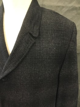 Mens, Coat, N/L, Black, Charcoal Gray, Wool, Grid , Ch 42, Single Breasted, Collar Attached, Notched Lapel, 2 Pockets, 3/4 Rolled Back Cuff, Calf Length, Center Back, Slit, Back Raglan Sleeve