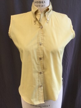 N/L, Dusty Yellow, Cotton, Polyester, Solid, Sleeveless, Button Front, Collar Attached, Button Down Collar, Curved Hem, Late 1960's