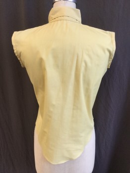 N/L, Dusty Yellow, Cotton, Polyester, Solid, Sleeveless, Button Front, Collar Attached, Button Down Collar, Curved Hem, Late 1960's