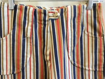 Womens, Jeans, JORDAN ORIGINALS, Off White, Navy Blue, Red, Lt Brown, Cotton, Stripes - Vertical , 25, No Waistband, Short Belt Center Front with  Gold Button, Zip Front, 2 Large Belt Hoops with Attached Pocket Front,