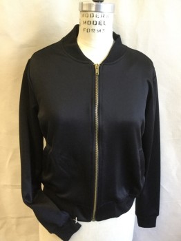 Womens, Casual Jacket, HOT KISS, Black, Polyester, Solid, S, Ribbed Knit Collar Attached, Long Sleeves Cuff & Hem, Gold Zip Front, 2 Slant Pockets