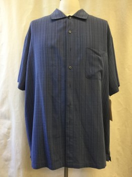 FOUNDRY, Slate Blue, Dk Blue, Rayon, Polyester, Stripes - Vertical , Button Front,  Collar Attached, Short Sleeves, 1 Pocket,