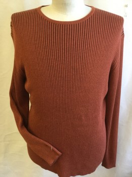 Mens, Pullover Sweater, BRANDINI, Burnt Orange, Brown, Polyester, Cotton, Heathered, Stripes - Vertical , L, Heather Burnt Orange with Brown Vertical Stripes Knit Ribbed, Crew Neck, Long Sleeves,