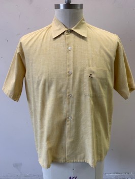 SEARS, Butter Yellow, Poly/Cotton, Speckled, Faint Brown and White Streaks/Slubs, Short Sleeves, Button Front, Collar Attached, 1 Patch Pocket with Small Brown and Tan Embroidered Logo, 1950's