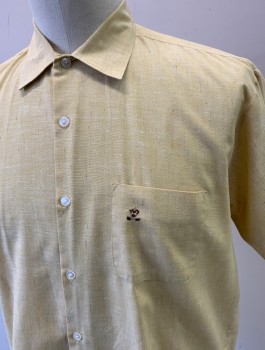 SEARS, Butter Yellow, Poly/Cotton, Speckled, Faint Brown and White Streaks/Slubs, Short Sleeves, Button Front, Collar Attached, 1 Patch Pocket with Small Brown and Tan Embroidered Logo, 1950's