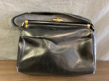 Womens, Purse, DOFAN, Black, Leather, 6.5"W, 9"L, 3"D, Gold Cylindrical Clasp, Small Self Handle, Scallopped Panel at Front, Lining is Beige Leather, **Leather is Cracked/Worn in Spots