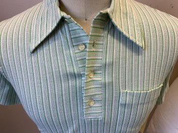 NEPTUNE, White, Green, Poly/Cotton, Stripes - Vertical , Short Sleeves, 1 Pocket,