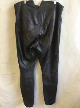 Mens, Historical Fiction Pants, FOX 2, Dk Brown, Leather, Solid, 38, Aged/distressed, No Waistband, Dark Brown Button Front, 2 Pockets, Black Stirrup Hem