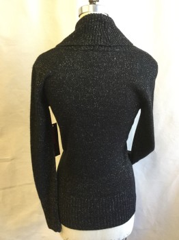 Womens, Pullover, SOFIA, Black, Metallic, Gray, Acrylic, Polyester, Speckled, S, Self Ribbed Knit Overlap Shawl Collar, Long Sleeves Cuff and Hem