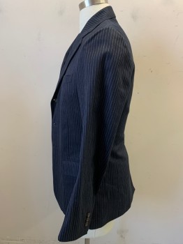 DOUBLE RL , Navy Blue, Off White, Cotton, Stripes - Pin, Heavy Weight Cotton, Single Breasted, 3 Buttons,  3 Pockets, Center Back Vent, Retro