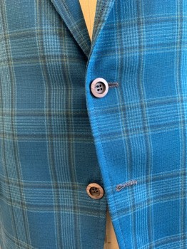 Towncraft, Turquoise Blue, Yellow, Wool, Polyester, Plaid, Lightweight Poly Wool, Flap Pockets, Half Lined, 2 Light Faux Wood Buttons, Double Vents, Narrow Notch Collar