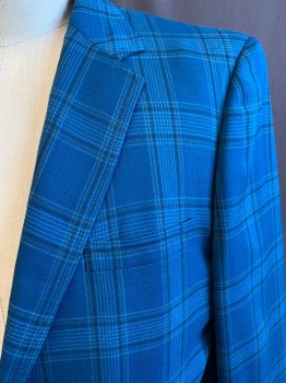 Mens, Blazer/Sport Co, Towncraft, Turquoise Blue, Yellow, Wool, Polyester, Plaid, Short, 40, Lightweight Poly Wool, Flap Pockets, Half Lined, 2 Light Faux Wood Buttons, Double Vents, Narrow Notch Collar