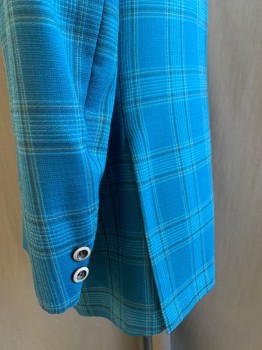 Towncraft, Turquoise Blue, Yellow, Wool, Polyester, Plaid, Lightweight Poly Wool, Flap Pockets, Half Lined, 2 Light Faux Wood Buttons, Double Vents, Narrow Notch Collar