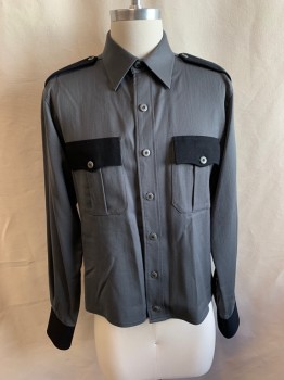 ANTO, Dk Gray, Black, Poly/Cotton, Color Blocking, Collar Attached, Button Front, Long Sleeves, 2 Pockets with Black Flaps, Black Epaulettes, Black Cuffs with Snaps, 2 Gray Buttons on Cuff