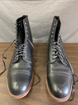 STACY ADAMS, Black, Leather, Cap Toe W/Broguing, Lace Up with Speed Laces,