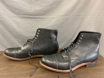 Mens, Boots 1890s-1910s, STACY ADAMS, Black, Leather, 12D, Cap Toe W/Broguing, Lace Up with Speed Laces,