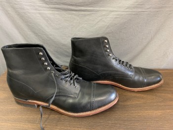 Mens, Boots 1890s-1910s, STACY ADAMS, Black, Leather, 12D, Cap Toe W/Broguing, Lace Up with Speed Laces,
