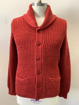 Mens, Cardigan Sweater, RRL RALPH LAUREN, Red-Orange, Wool, Solid, XL, Rib Knit, L/S, Shawl Collar, 6 Buttons, 2 Welt Pockets