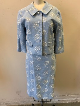 Womens, 1960s Vintage, Suit, Jacket, N/L, Powder Blue, White, Cotton, Leaves/Vines , B:32, Jacket, Leaf and Berry White Embroidered Pattern, 3/4 Sleeves, 5 Frosted Light Blue Plastic Buttons, Rounded Collar, Boxy Shape, 2 Faux/Non Functional Pockets, Light Blue Satin Lining