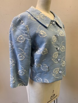 Womens, 1960s Vintage, Suit, Jacket, N/L, Powder Blue, White, Cotton, Leaves/Vines , B:32, Jacket, Leaf and Berry White Embroidered Pattern, 3/4 Sleeves, 5 Frosted Light Blue Plastic Buttons, Rounded Collar, Boxy Shape, 2 Faux/Non Functional Pockets, Light Blue Satin Lining