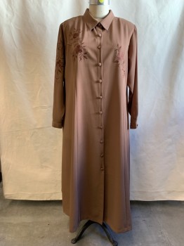 Womens, Dress, Long & 3/4 Sleeve, ROAMAN'S, Brown, Polyester, Solid, B 54, 4XL, 1980's/1990's, Fabric Covered Button Front, Collar Attached, Long Sleeves, Button Cuff, Ankle Length, Brown Floral Embroidery
