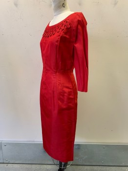 Womens, 1960s Vintage, Piece 1, NO LABEL, Red, Polyester, Solid, W27, B36, H32, L/S, Wide Neck, Loop Neckline Detail, Back Zipper, Distressed