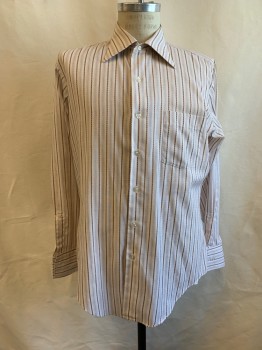 Mens, Dress Shirt, ARROW, Brown, Beige, White, Cotton, Stripes - Vertical , 16/34, C.A., Button Front, L/S, 1 Pocket,