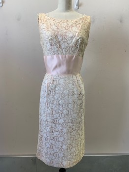 Womens, Evening Gown, NO LABEL, Blush Pink, Cream, Polyester, Cotton, Floral, W24, B32, Sleeveless, Scoop Neck, Full Lace, Pink Waist Band with Back Bow, Dotted Trim, Back Zipper,