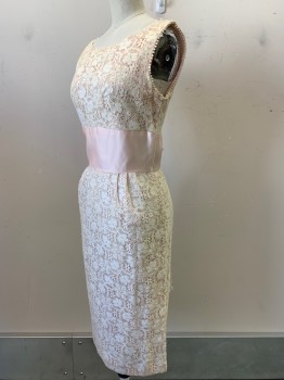 NO LABEL, Blush Pink, Cream, Polyester, Cotton, Floral, Sleeveless, Scoop Neck, Full Lace, Pink Waist Band with Back Bow, Dotted Trim, Back Zipper,