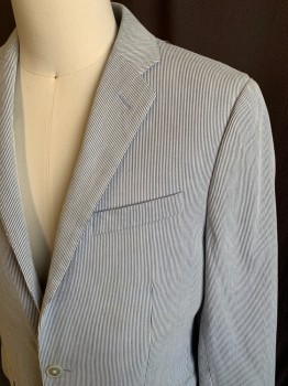 Mens, Sportcoat/Blazer, J CREW, White, Blue, Cotton, Stripes - Pin, 38S, Single Breasted, 2 Buttons, 3 Pockets, Notched Lapel, Double Vent