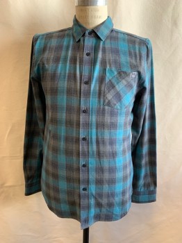 Mens, Casual Shirt, DC, Teal Blue, Gray, Black, Poly/Cotton, Plaid, M, Collar Attached, Button Front, 1 Chest Pocket, Long Sleeves