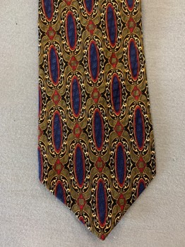Mens, Tie, J.Z. RICHARDS, Navy Blue, Red, Yellow, Antique Gold Metallic, Black, Silk, Ovals, Geometric, O/S, Four in Hand
